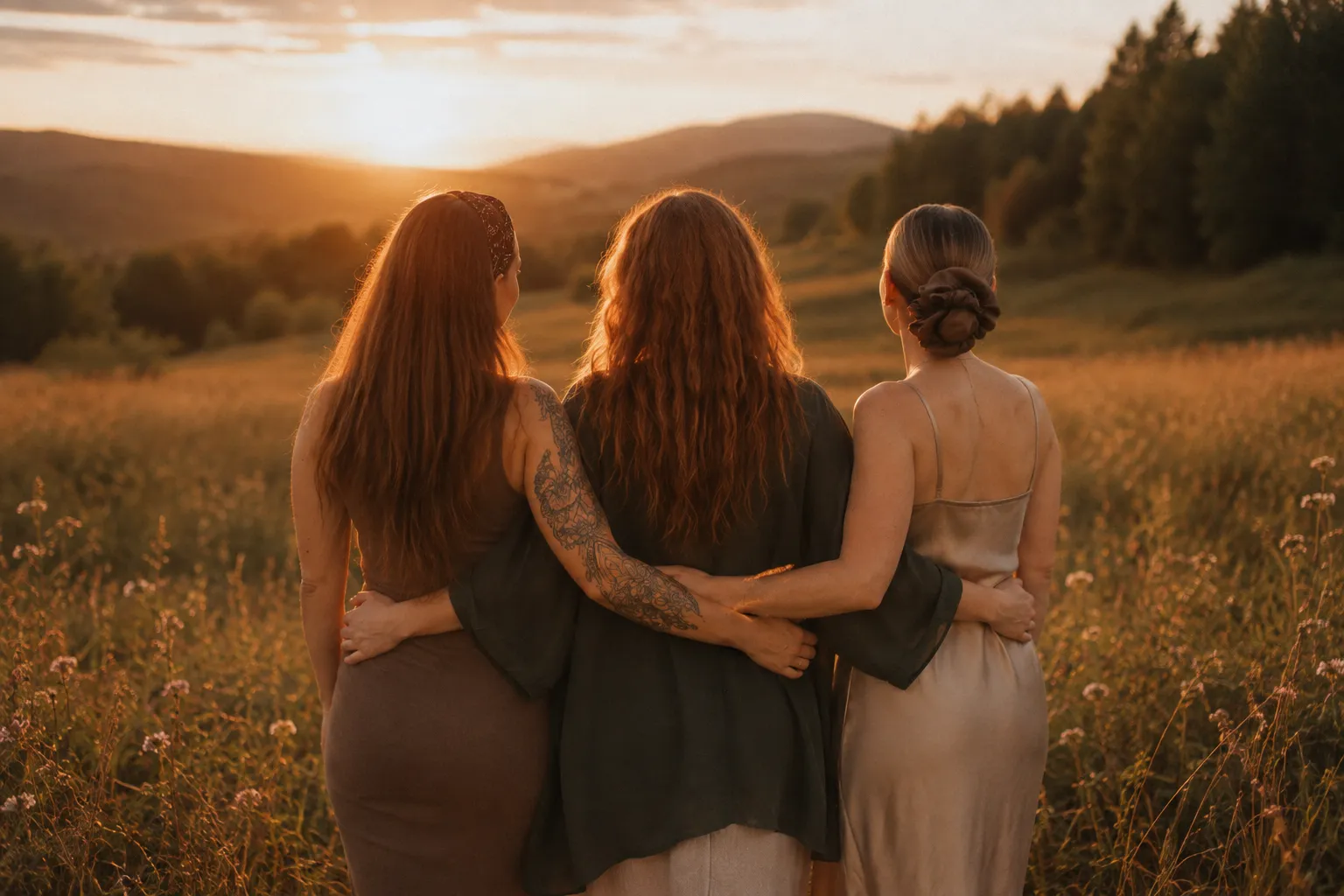 Drei Frauen von hinten am Feldrand oberhalb des Retreat-Anwesens bei Spabrücken